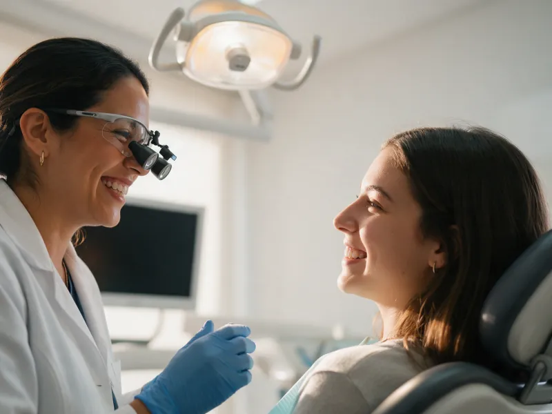 Dentista sonriendo a una paciente sentada en el sillón dental