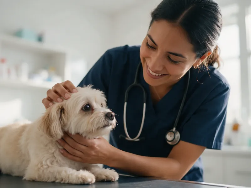 Veterinaria acariciando a un perro pequeño sobre la mesa de consulta